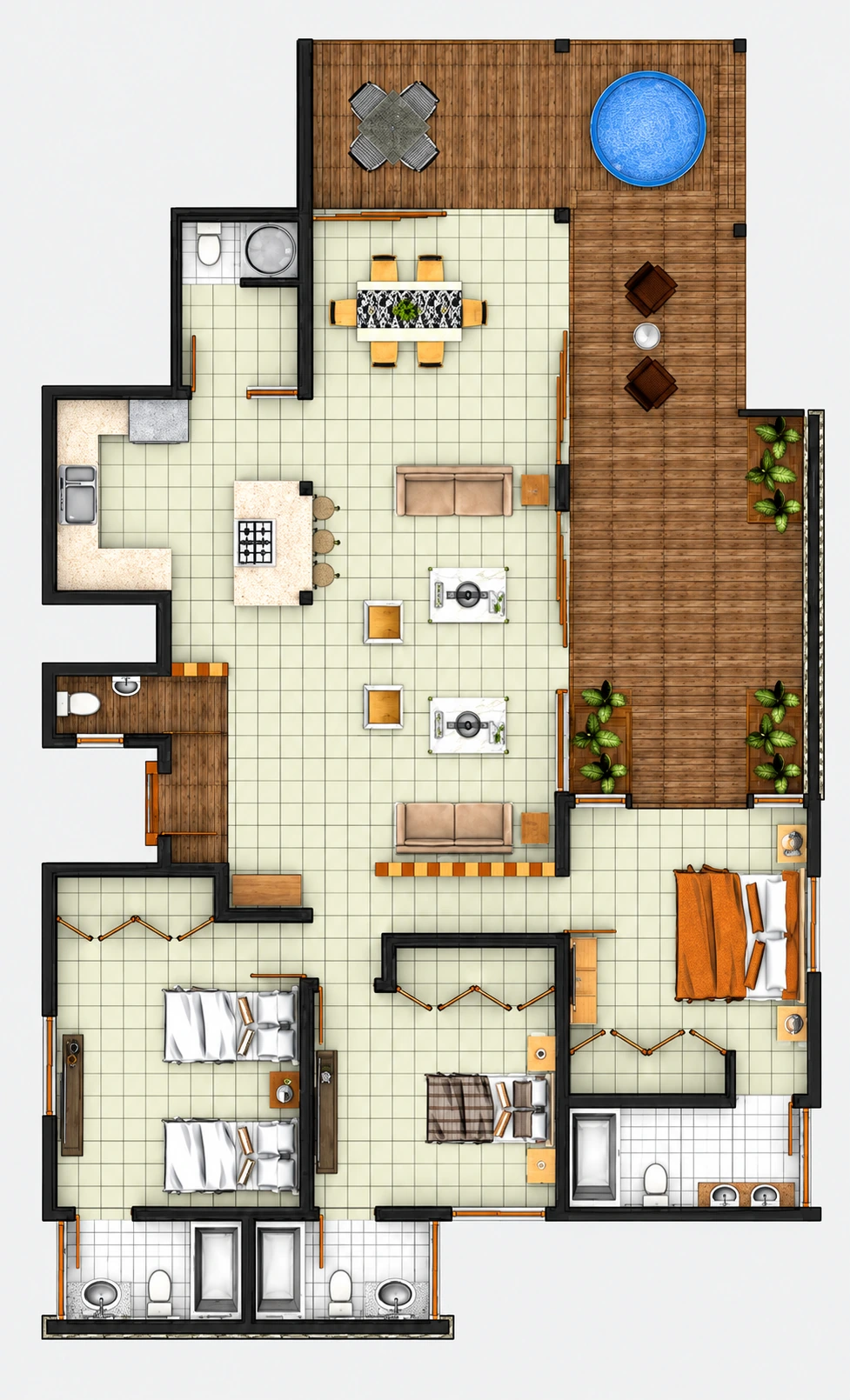 Planta amueblada · Distribución y terraza exterior