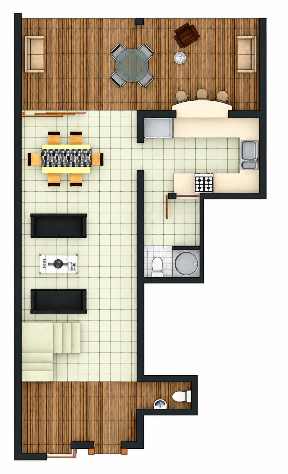 Planta amueblada · Habitación, cocina y área de estar
