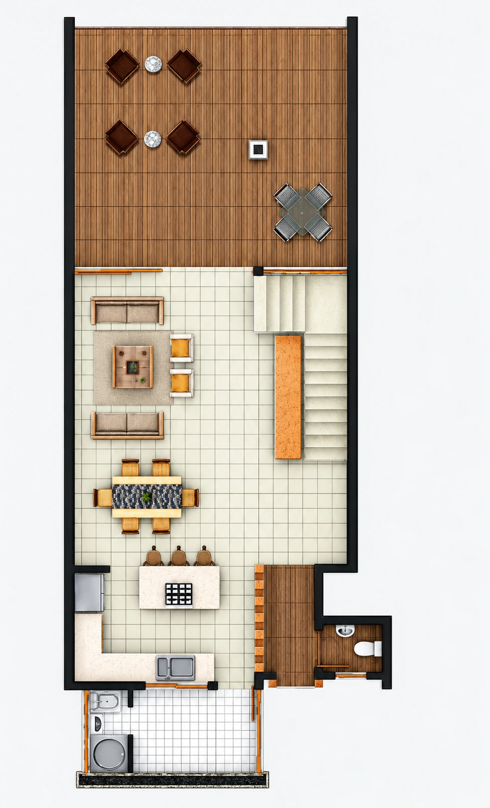 Planta amueblada · Sala, comedor y terraza