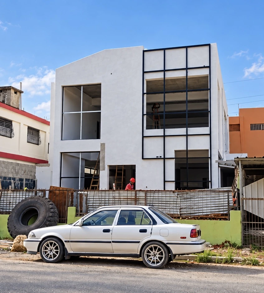 En proceso · Fachada y acceso durante la construcción