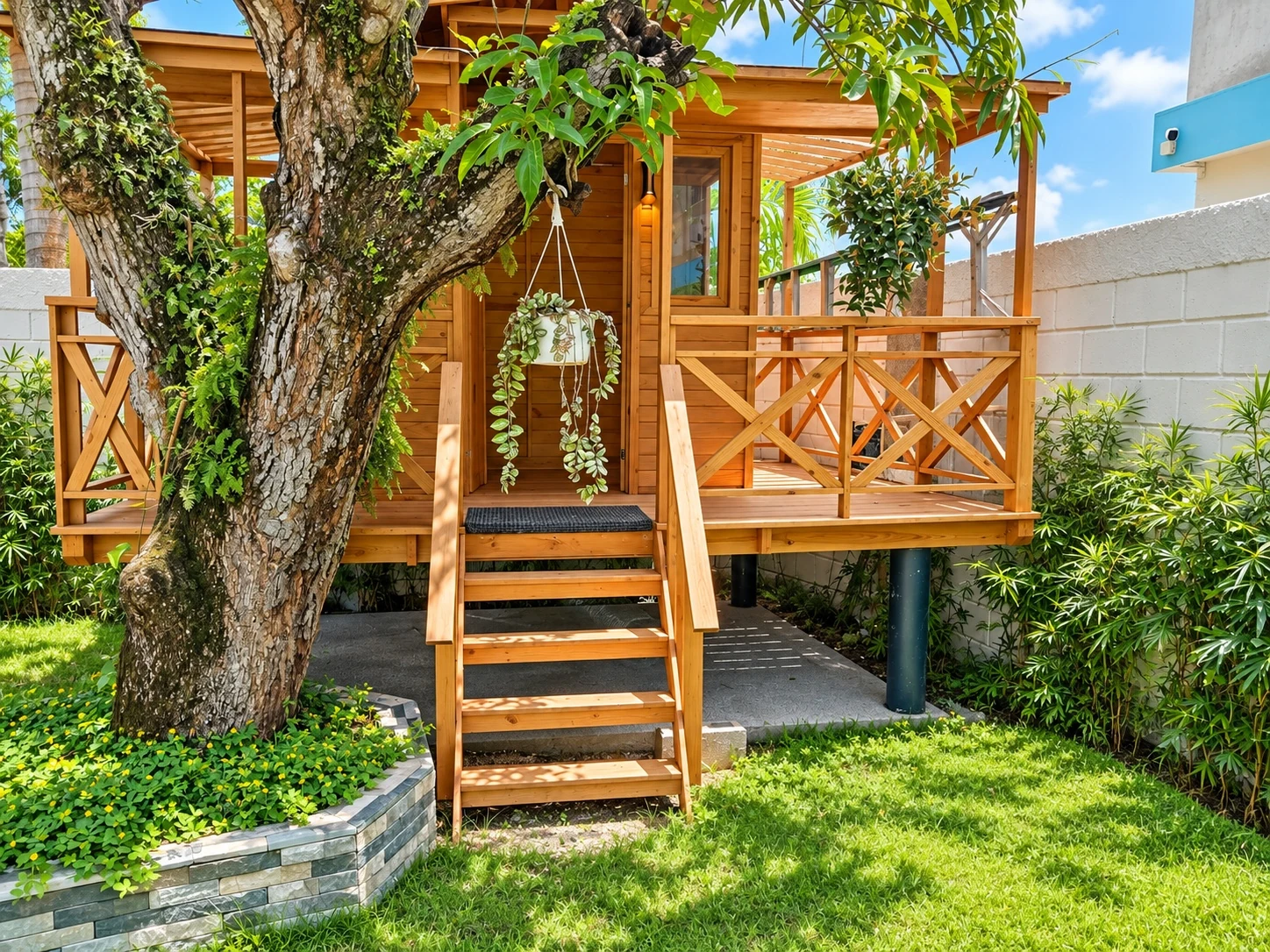 Cabaña de madera junto a un árbol