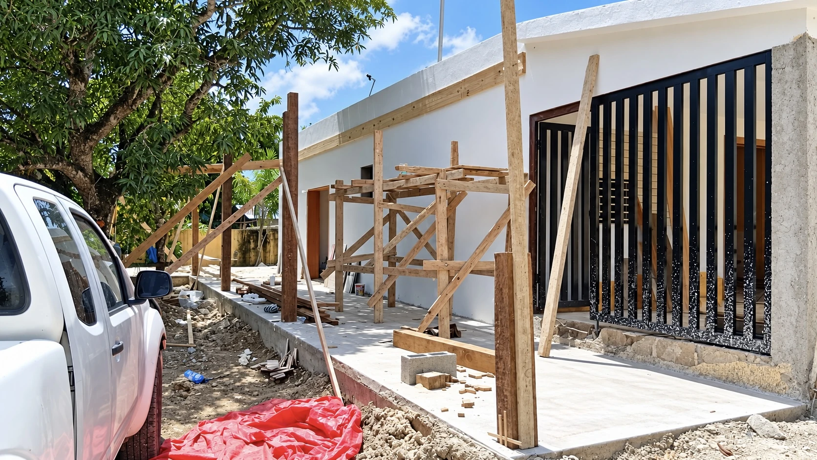 En construcción · Entrada de la casa y trabajos exteriores