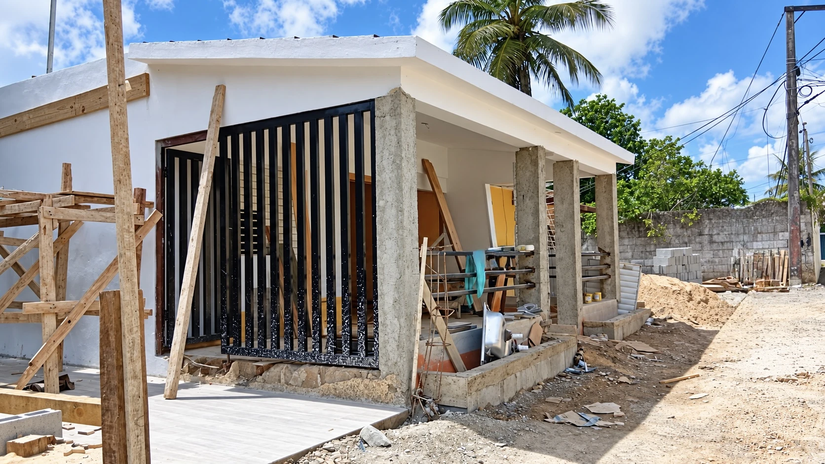 En construcción · Fachada y acceso