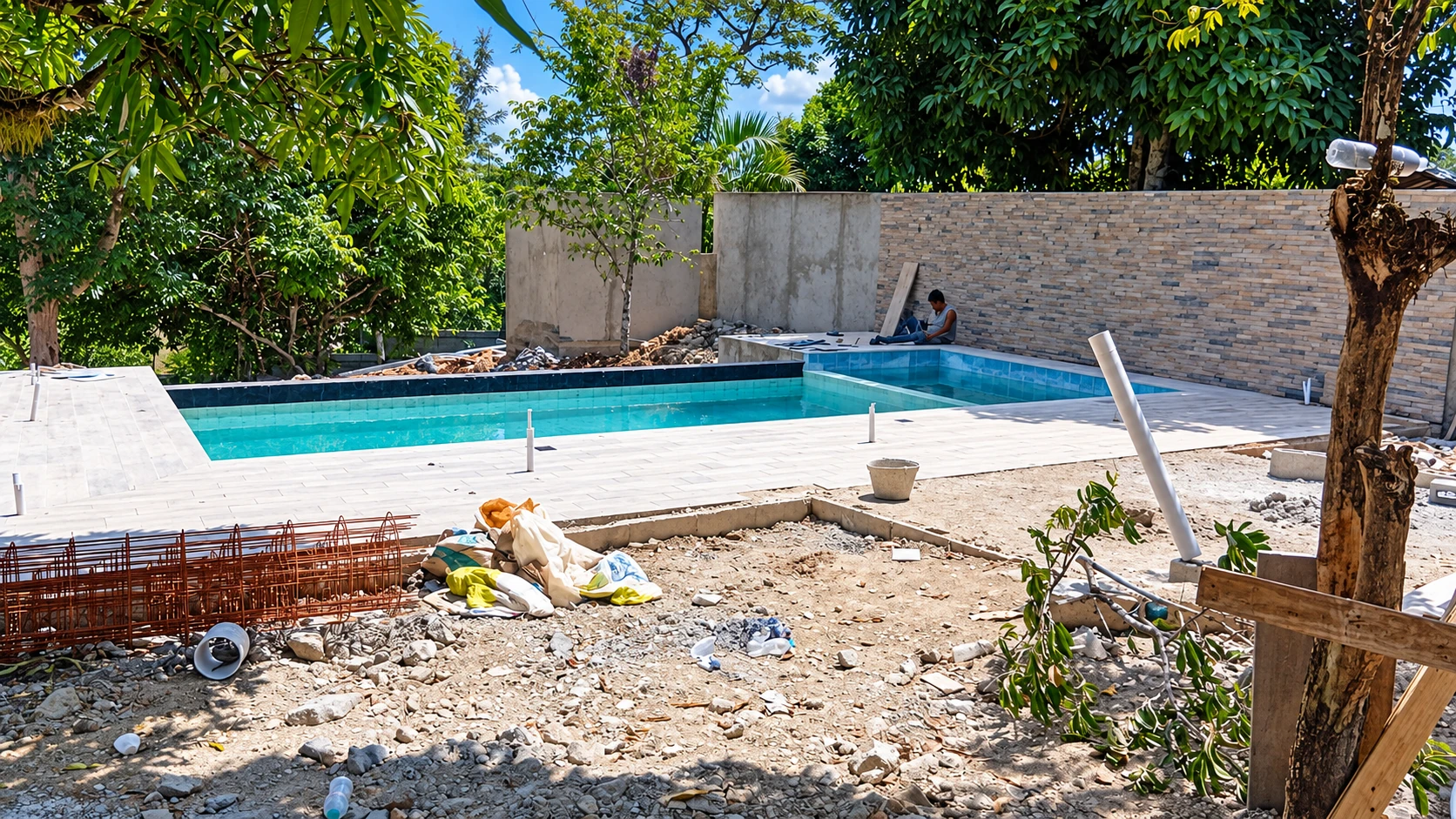 En construcción · Piscina y entorno en obra